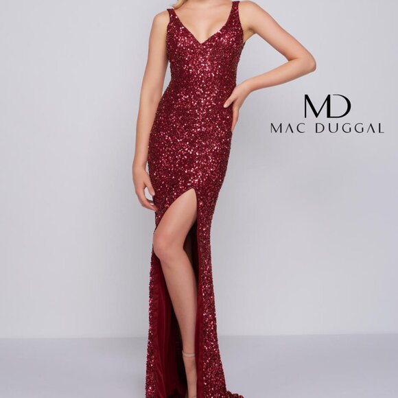Mac Duggal Chili Pepper Red Sequin Slit Gown